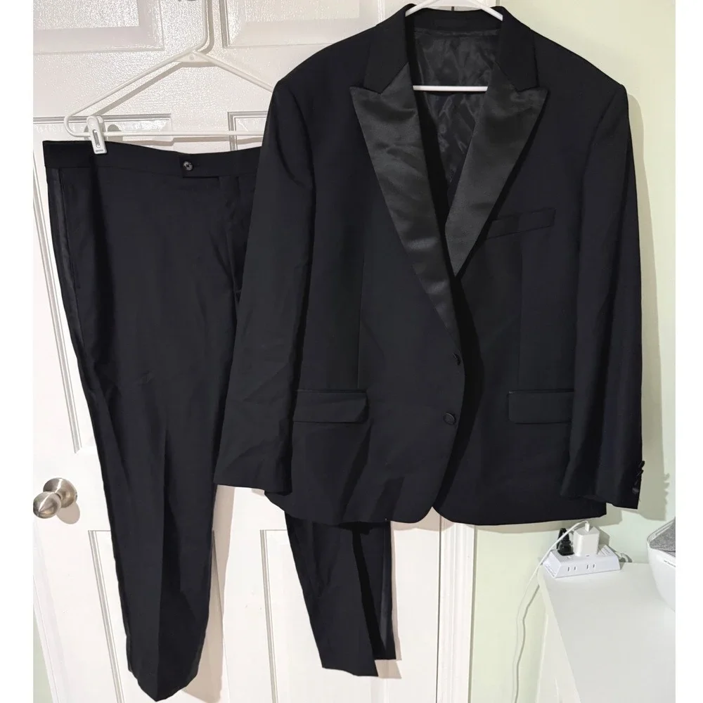 Mens Black Tuxedo Suit Set Satin Peak Lapel Blazer and Trousers Formalwear